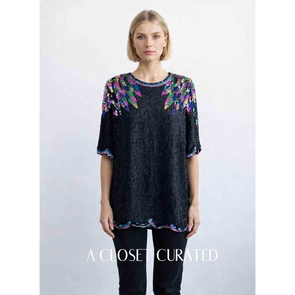 Vintage 1980s Jewel Queen Silk Beaded Blouse Black Multi